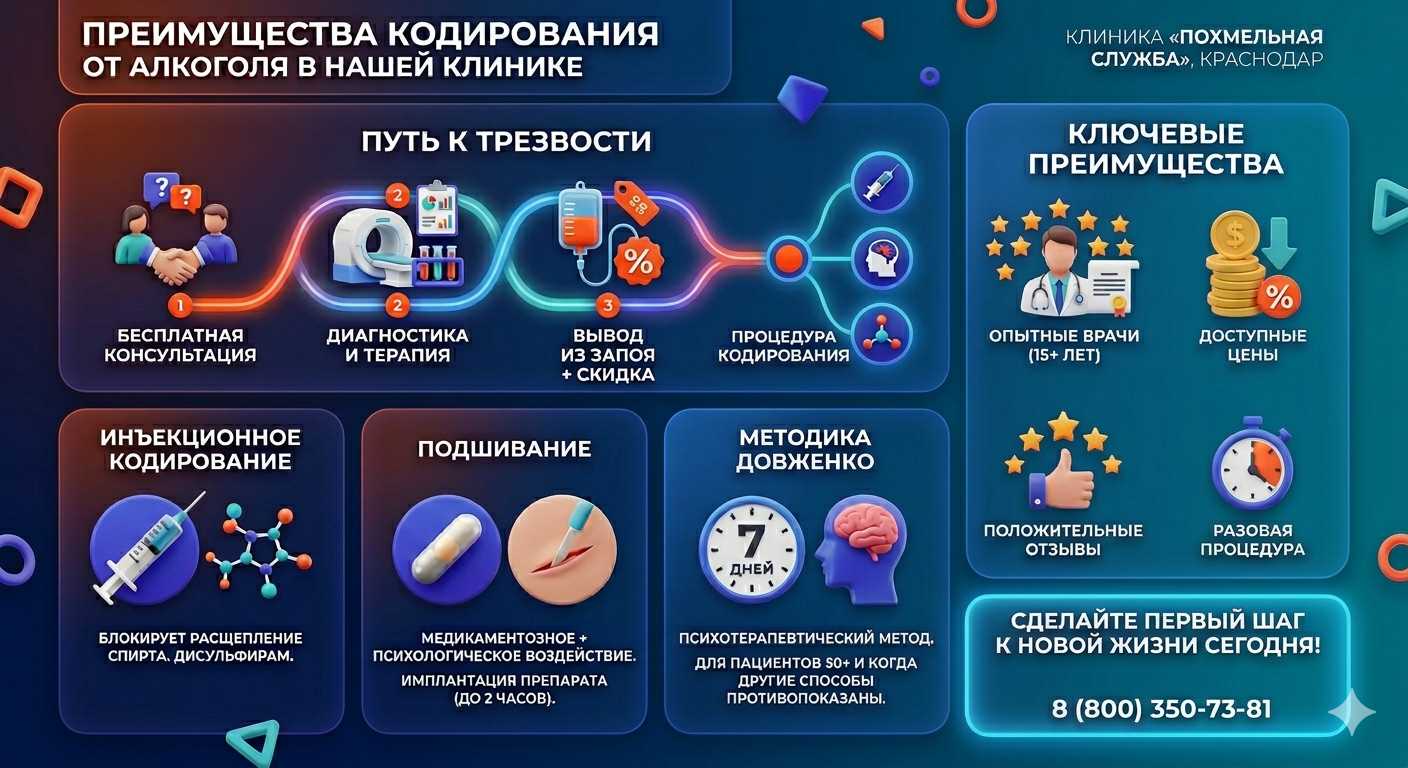 Инфографика о методах кодирования от алкоголя в Маслянино: инъекции, подшивание, метод Довженко. Преимущества клиники и этапы лечения.