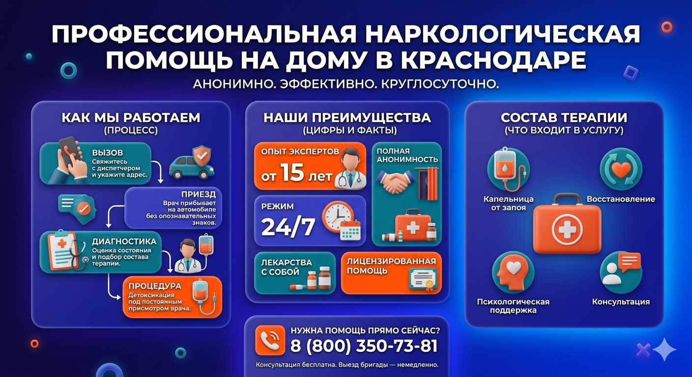 Инфографика о принципах лечения алкоголизма на дому в Маслянино: этапы вызова нарколога, преимущества анонимной детоксикации и состав медицинской помощи.